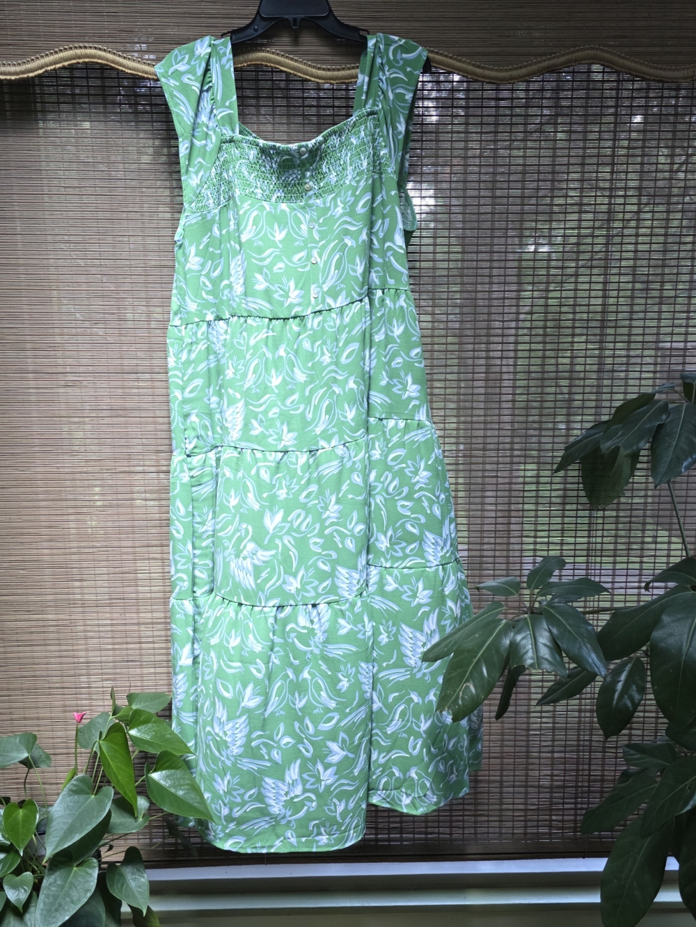 Light Green Floral Maxi Dress with Smocked Bodice